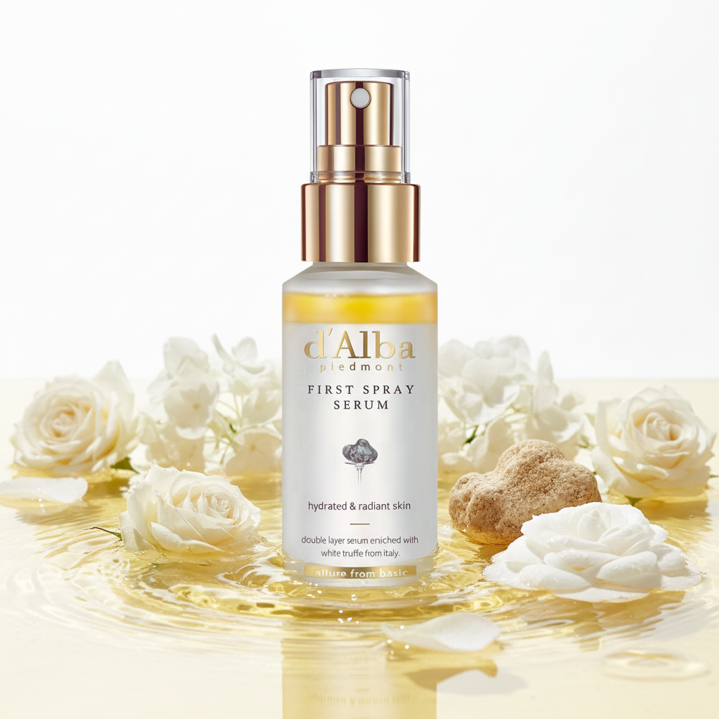 d'Alba first spray serum bottle with yellow circular elements on a white background